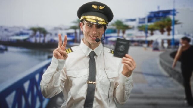Young blond man pilot in uniform holds a passport and flashes a peace sign with his hand on a street waterfront promenade; confidence travel.