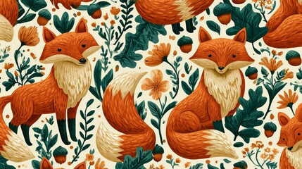 Obraz premium Orange foxes, plants, flowers, and acorns form a smooth, repeating design. This autumn-themed artwork shows animals and nature.