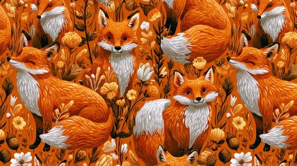 Obraz premium Orange foxes, plants, flowers, and acorns form a smooth, repeating design. This autumn-themed artwork shows animals and nature.