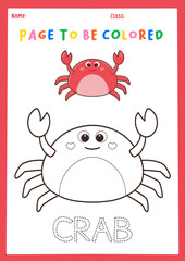 Obraz premium Cute crab coloring page for kids, black and white ocean animal line art illustration, printable educational preschool activity worksheet with color reference