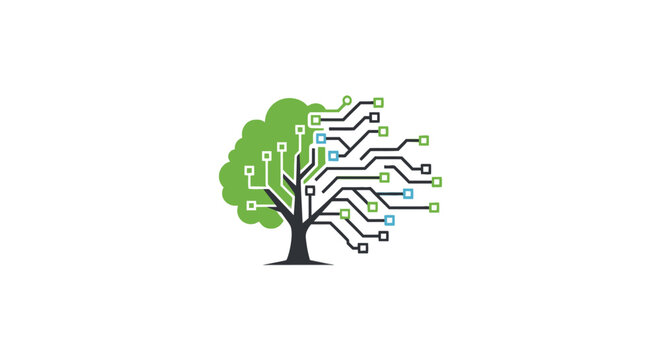 Green tree merged with digital circuit board.