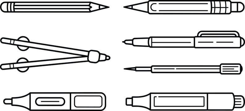 Writing and drawing instrument set featuring pencils, pens, technical compass and markers black and white line art