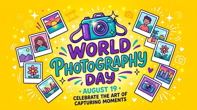 World Photography Day celebration with colorful camera icons. Creative photography event concept featuring festive graphic design elements.