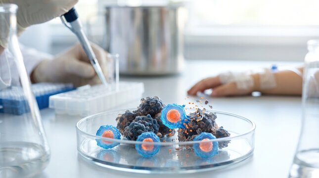 Scientist using pipette to perform cell therapy research with cancer cells on child patient background. CAR-T treatment for leukemia. Innovative gene medicine in pediatric oncology.