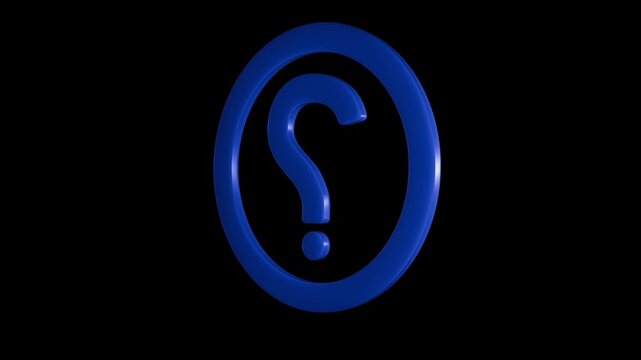 rotating single 3d blue question mark in circle, icon black dark background