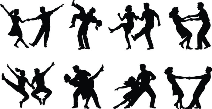 Retro rock and roll dance couples silhouette vector icons set for swing lindy hop musical party designs