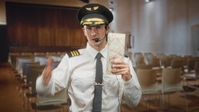 Pilot man holds a folded map and headset microphone, hand over eyes gesture in a training building; navigation confusion.