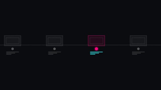 Digital horizontal timeline interface with pink highlighted box and cyan text elements on dark background