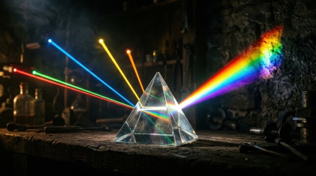 Glass prism splitting laser beams into a rainbow spectrum on a workbench