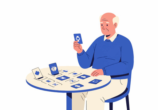 Senior man playing a memory matching card game at a table