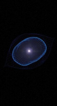 Deep space conceptual physics visualization showing attractors distorting a dimensional grid, representing abstract gravitational theory, attractor, light, digital