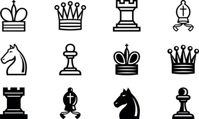 Chess Game Icons Vector Collection with King, Queen, Knight, Bishop, Rook, Pawn, and Chessboard Symbols © Haseeb creative 
