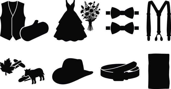 Rustic wedding wear and groom accessories silhouette vector icons set for country marriage designs