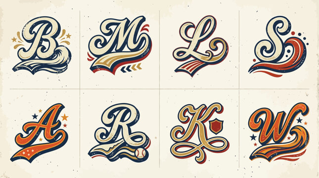 Vintage baseball script swooshes display colorful lettering on cream background