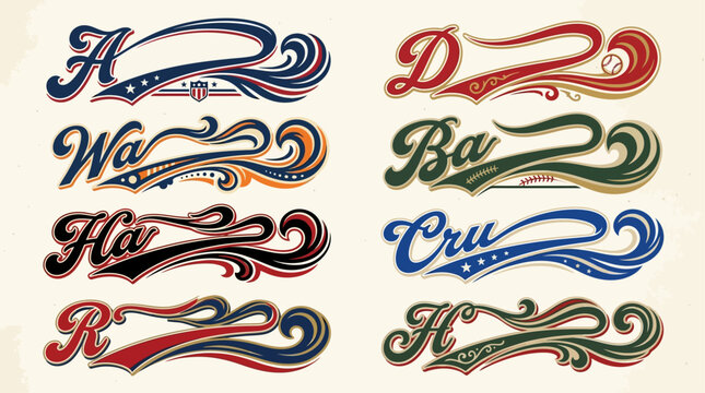 Vintage baseball script swoosh designs arranged in rows on paper