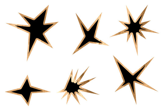 Abstract black and gold textured star and burst shapes set, geometric graphic elements for dynamic design, labels, frames