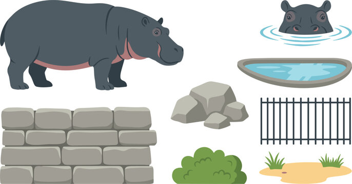 Zoo Enclosure and Wild Hippopotamus Vector Element Set with Standing Hippo, Water Pool, Stone Wall, Fence, Rocks, and Green Shrub