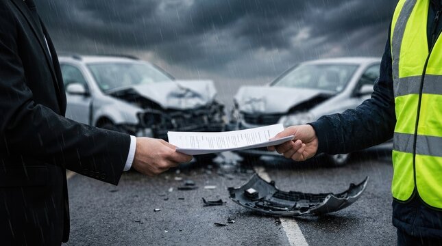 Road incident resolution: accident report, insurance claim, Europrotocol form, traffic collision, car crash, vehicle damage, safety vest, document exchange, liability assessment, hazard management.