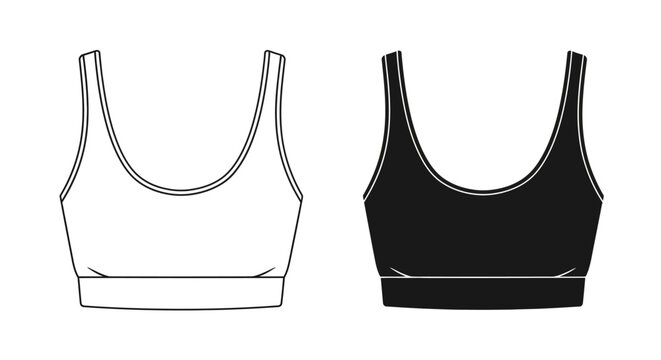 Minimalist sports bra technical sketch, women's athletic crop top vector template, black and white fitness bralette flat drawing for fashion design