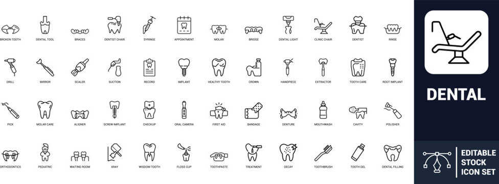 Dental care line art icons set dentist chair, tooth, braces, implant, orthodontics, dental tool, drill, crown, cavity, toothbrush, Web icon, App icon, Outline icon, Editable stroke, line art, Vector E