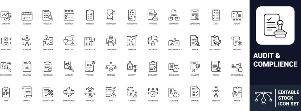 Audit compliance line art icons set checklist, analytics, inspection, approval, certificate, workflow, monitoring, security, report, document, Web icon, App icon, Outline icon, Editable stroke, line a