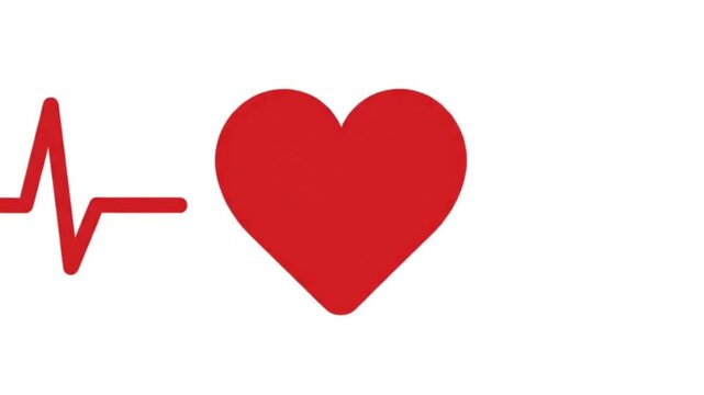 A high-quality 2D vector animation featuring a bold red heart icon isolated on a white background. The video captures the heart beating dynamically in sync with a red ECG or EKG heartbeat pulse wavefo