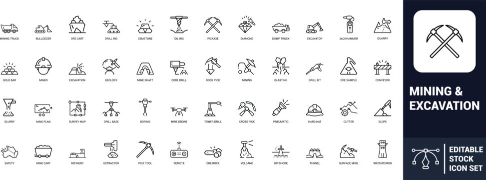 Mining excavation line art icons set mining truck, bulldozer, drill rig, pickaxe, diamond, excavation, quarry, jackhammer, excavator, hard hat, Web icon, App icon, Outline icon, Editable stroke, line 