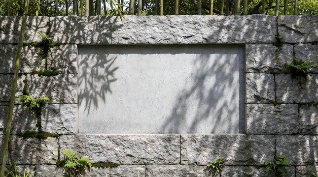 Empty Gray Stone Signage Wall With Natural Bamboo Shadows for Outdoor Minimalist Design Background
