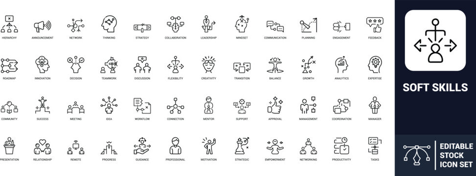 Soft skills line art icons set leadership, teamwork, communication, collaboration, creativity, innovation, decision making, problem solving, planning, strategy, Web icon, App icon, Outline icon, Edita