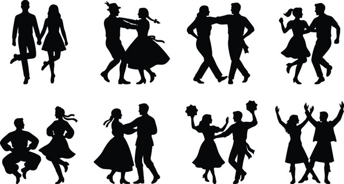 Traditional folk dancing couple black silhouette icons set for cultural festival and national heritage branding