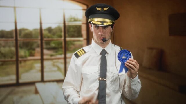 Man pilot in uniform holds blue first place ribbon and points finger up while wearing headset microphone inside building; pride achievement.