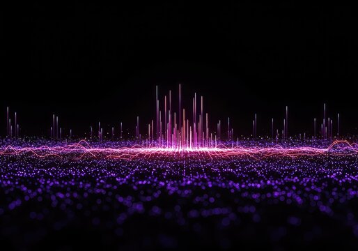 Dynamic digital visualization of overlapping electromagnetic frequency waves moving across a dark, abstract data background structure, Frequency, sound, digital