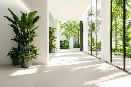 Minimalist interior with white wall, glass door, and tropical plant in modern hall