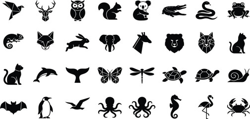 Wild Animal and Marine Wildlife Silhouette Icon Set with Geometric Low Poly Deer, Fox, Butterfly, Elephant, and Ocean Creature Black Vector Graphics. © MstRuna
