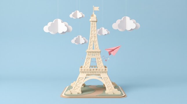 Paper Craft Eiffel Tower Surrounded by Clouds and Flying Paper Plane in a Playful Setting