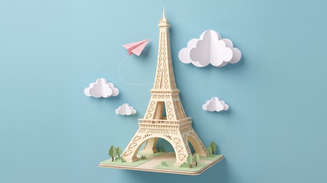 3D Paper Model of Eiffel Tower Surrounded by Clouds and a Paper Airplane on Blue Background