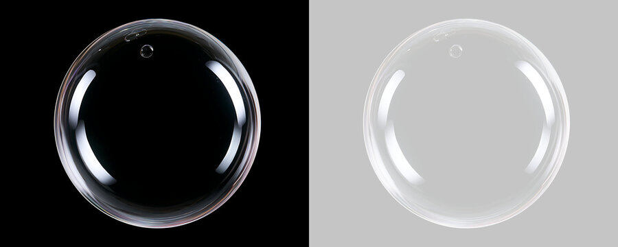 Single clear soap bubble isolated on black and transparent background. Realistic water sphere with reflection. Design element for cleaning or hygiene products