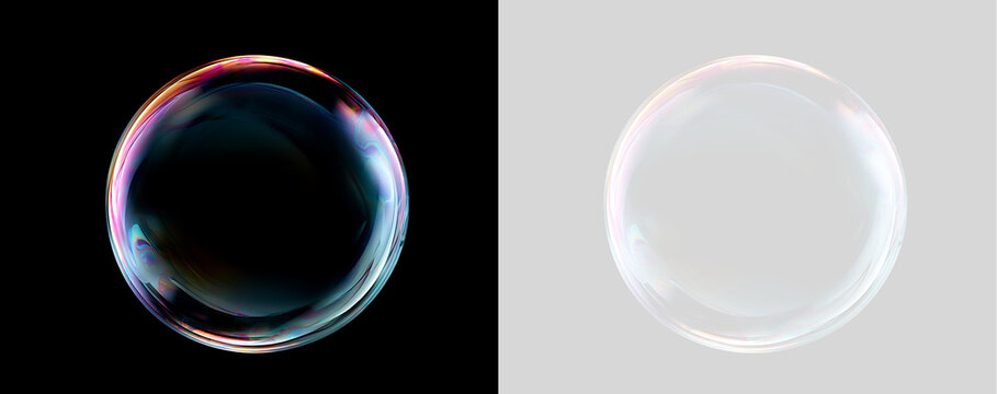Soap bubble with vibrant iridescent ring isolated on black and transparent background. Rainbow spectrum sphere. Graphic element for science or art themes
