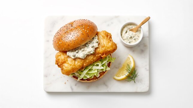 Delicious fish burger with tartar sauce, fresh lettuce, and lemon wedge on a marble board, isolated on white background