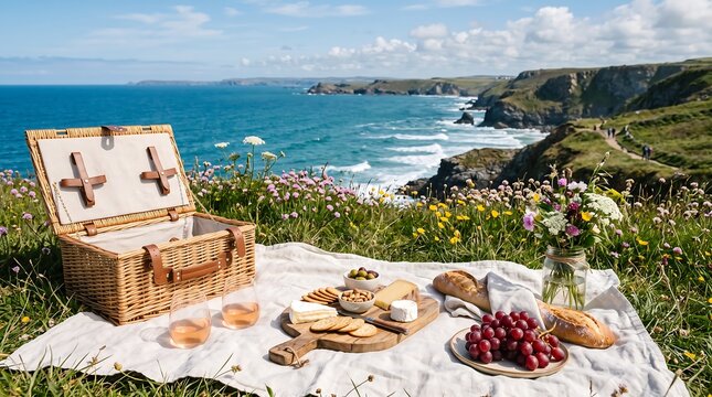 A scenic picnic setup with a wicker basket, cheese, bread, grapes, and wine on a cliff overlooking the ocean in cornwall, england