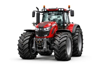 Obraz premium Red tractor with large tires and modern design on a white background.