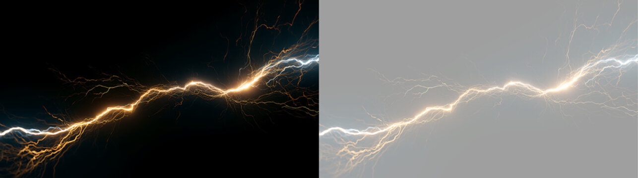 Horizontal lightning bolt with orange and white electrical sparks. Powerful energy discharge on black and transparent background. Electric strike effect