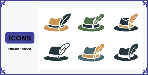 A vibrant collection of flat design icons depicting traditional Tyrolean hats or classic fedoras adorned with elegant feathers perfect for Bavarian festival themes and cultural events © Badsha Mollik