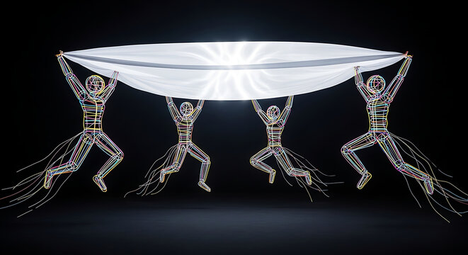 A futuristic abstract teamwork concept with glowing digital network characters lifting a bright white canopy in a symbolic display of cooperation