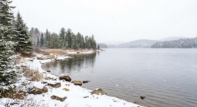Calm freshwater lake shore with pine trees during the first seasonal snowfall