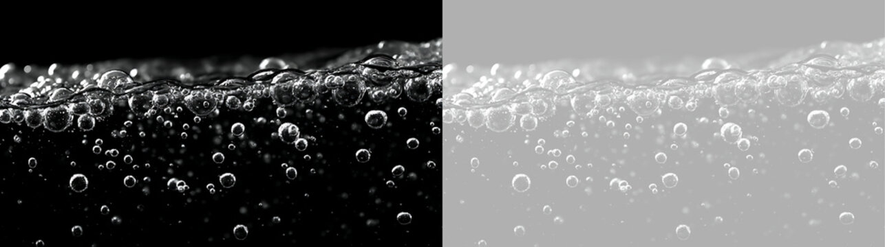 Close up of water bubbles on black and transparent background. Liquid surface with air bubbles and carbonation. Fresh water splash and fizz element