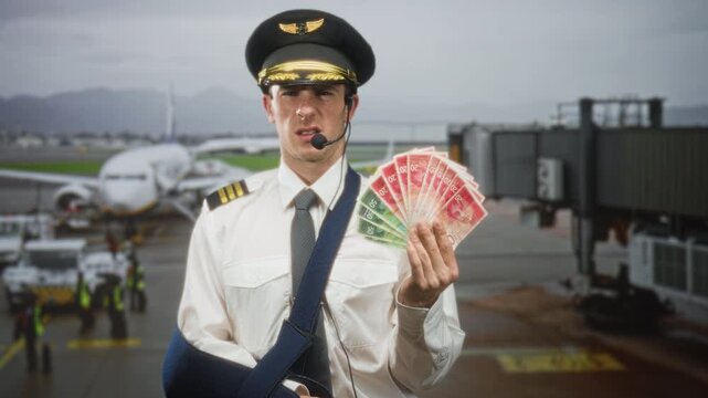 Man pilot in uniform with arm sling holds fanned shekels in hand at airport gate wearing headset and cap, standing before parked airplane and jetbridge; moral tension.
