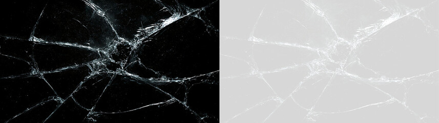 Broken glass texture with radial cracks and impact point. Shattered window overlay on black and transparent background. Realistic cracked screen effect © Тетяна Миргородська
