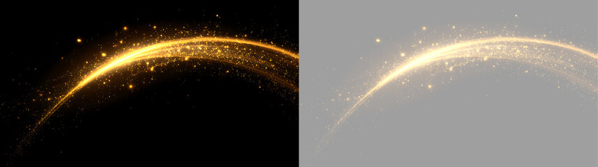 Dynamic golden light streak with glowing particles. Wavy magic arc on black and transparent background. Elegant gold glitter trail overlay © Тетяна Миргородська