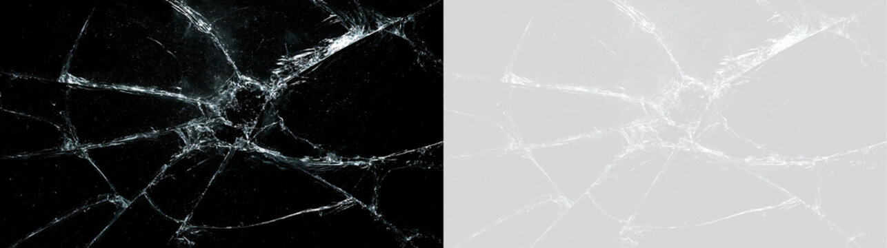 Broken glass texture with radial cracks and impact point. Shattered window overlay on black and transparent background. Realistic cracked screen effect